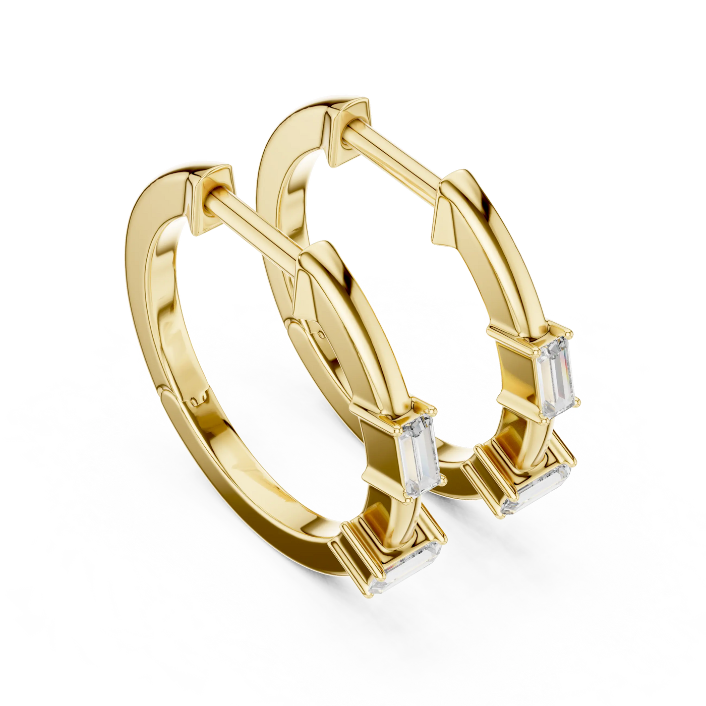 Pair-Shot: Emerald Cut Diamond Hoop Earrings with Prong Setting in 14k Yellow Gold - Lab Grown - Driona Jewels