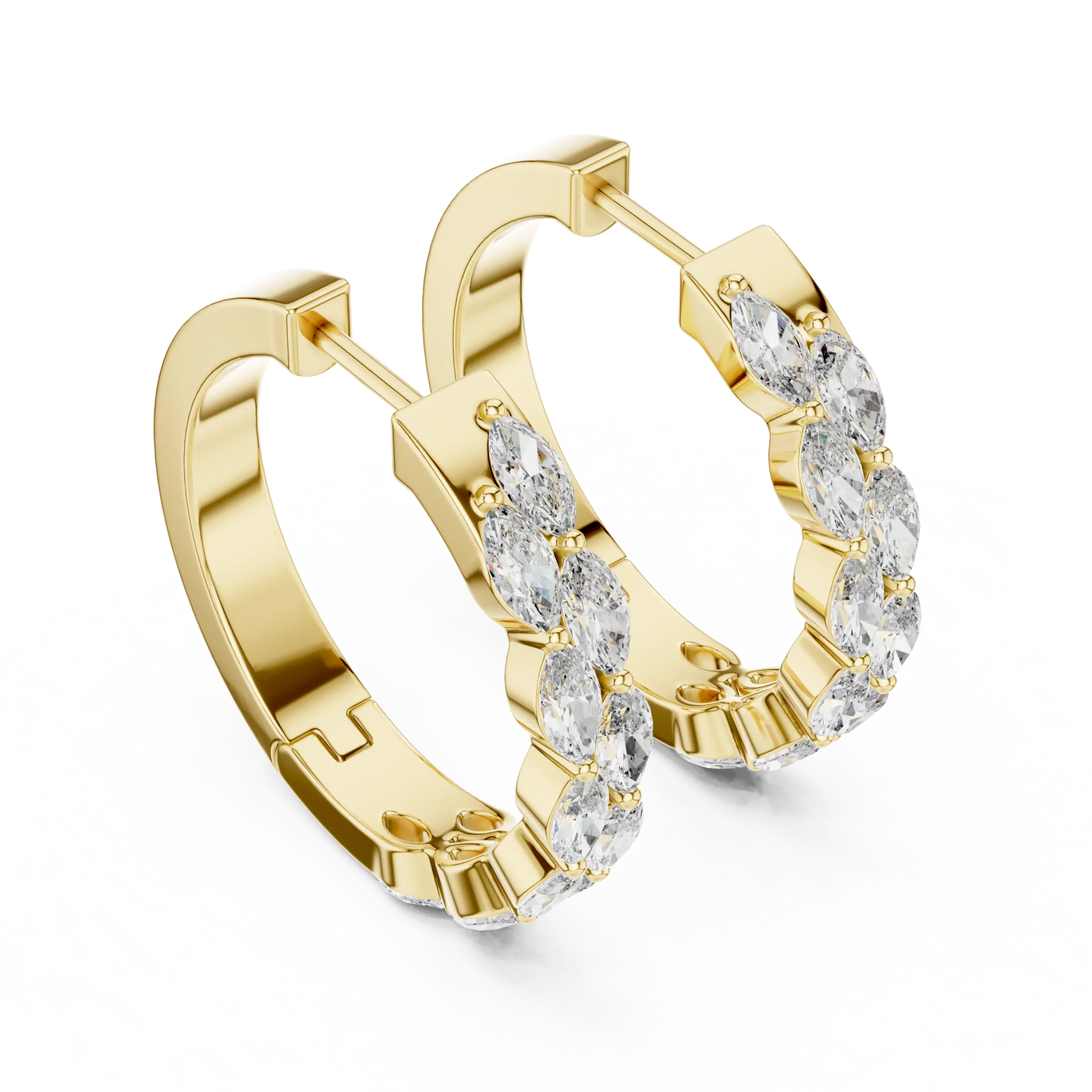 Pair-Shot: Marquise Diamond Hoop Earrings with Prong Setting in 14k Yellow Gold - Lab Grown - Driona Jewels