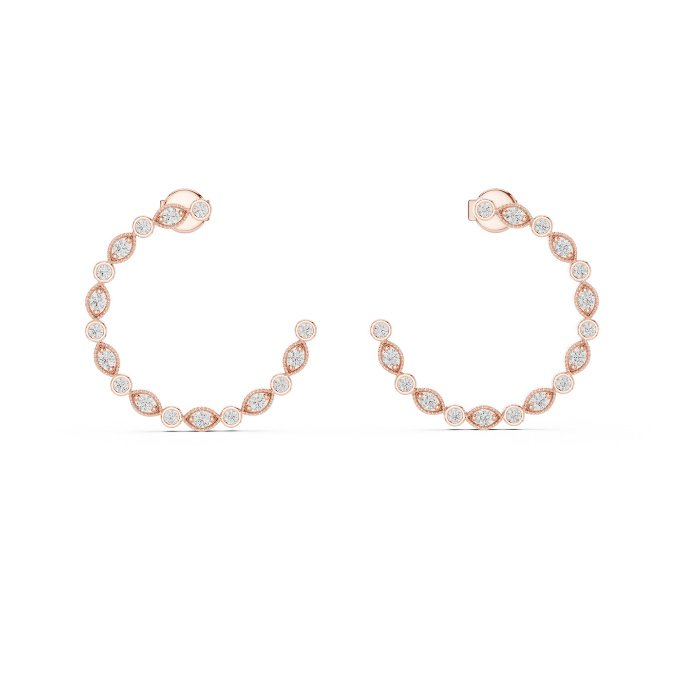 Pair-shot: Round Diamond Hoops with Bezel Setting in 14k Rose Gold - Lab Grown - Driona Jewels