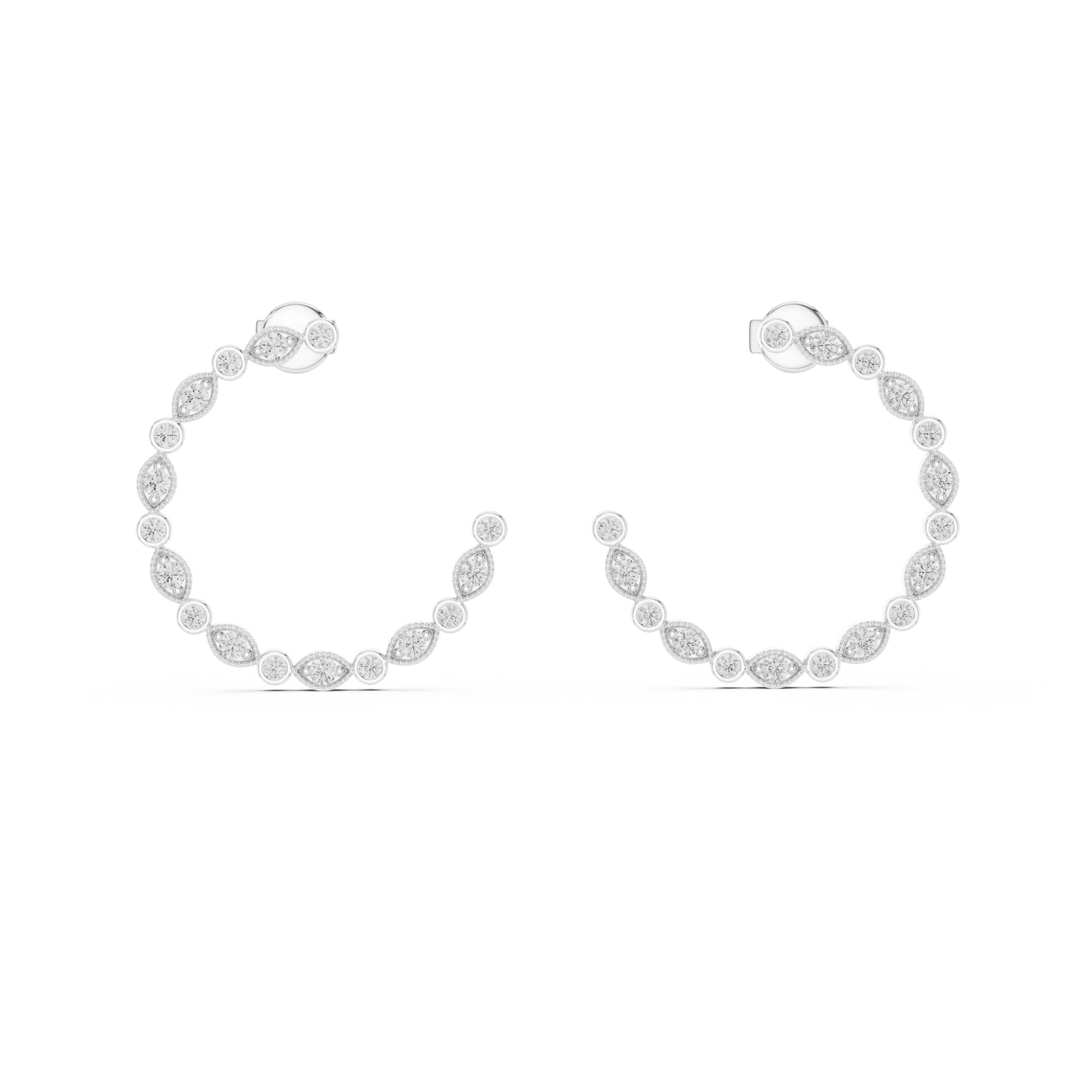 Pair-shot: Round Diamond Hoops with Bezel Setting in 14k White Gold - Lab Grown - Driona Jewels