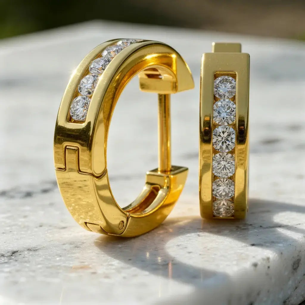 Pair Shot: Round Diamond Hoop Earrings with Channel Setting in 14k Yellow Gold - Lab Grown - Driona Jewels