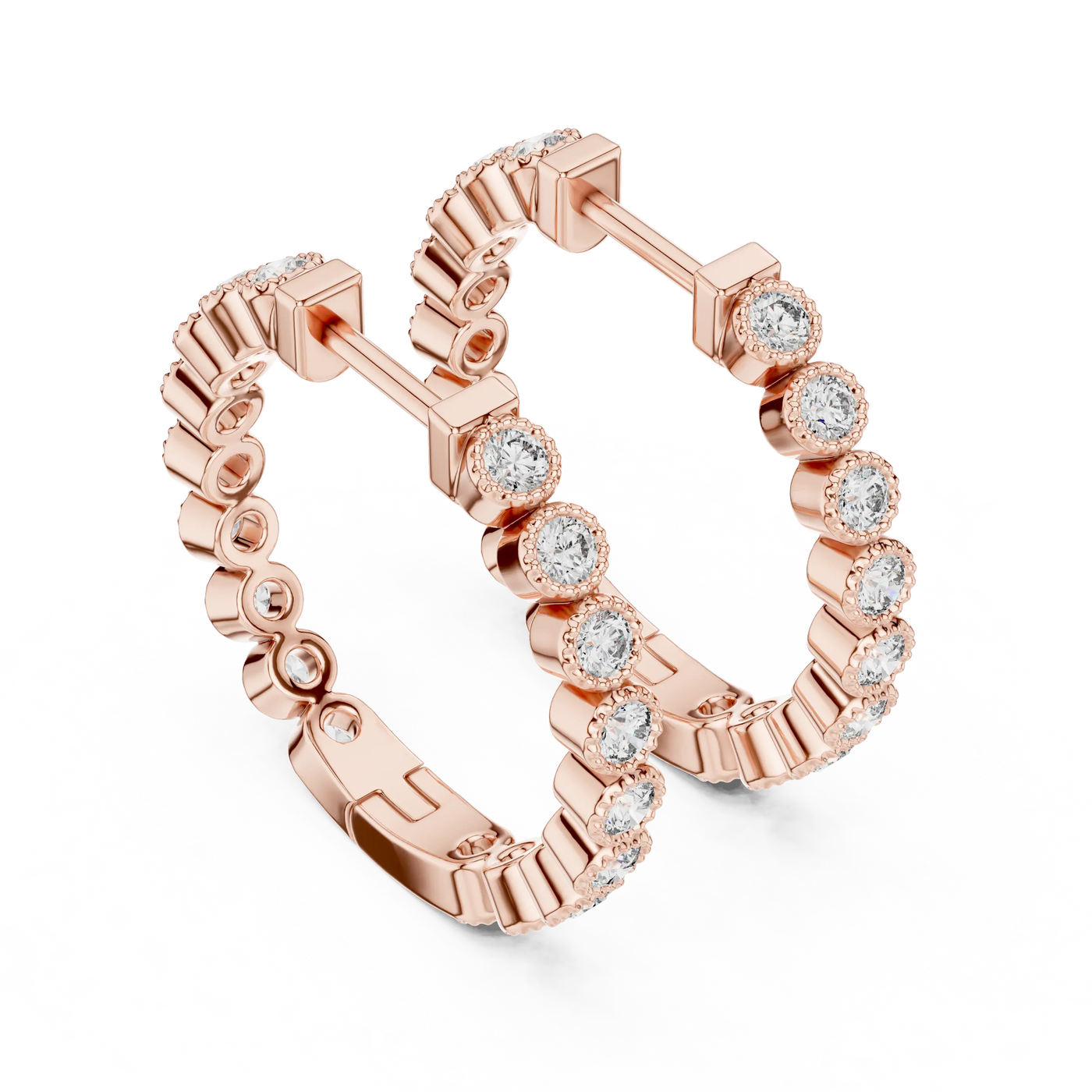 Pair-shot: Round Diamond Hoop Earrings with Pave Setting in 14k Rose Gold - Lab Grown - Driona Jewels