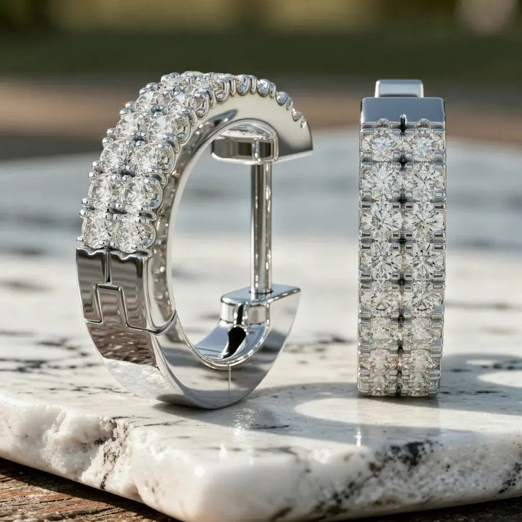 Flat-Lay: Round Diamond Hoop Earrings with Pave Setting in 14k White Gold - Lab Grown - Driona Jewels