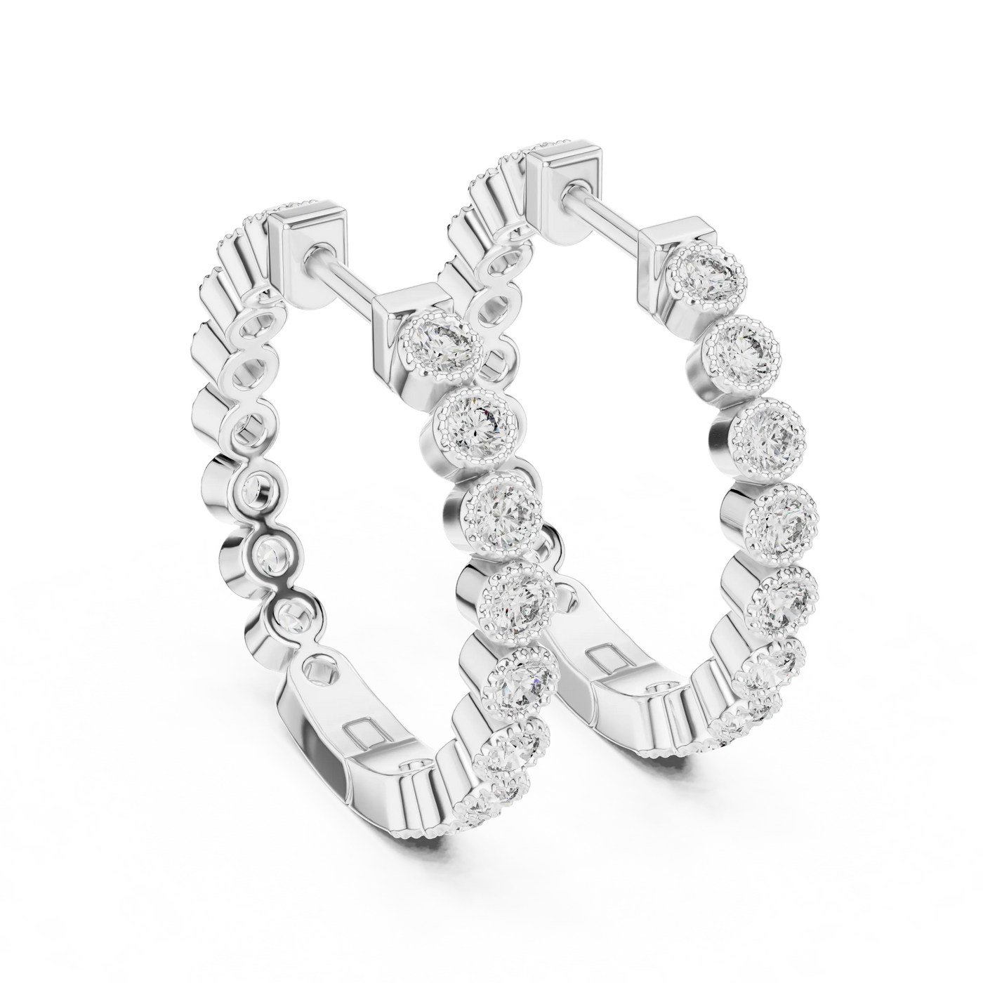 Pair Shot: Round Diamond Hoop Earrings with Pave Setting in 14k White Gold - Lab Grown - Driona Jewels