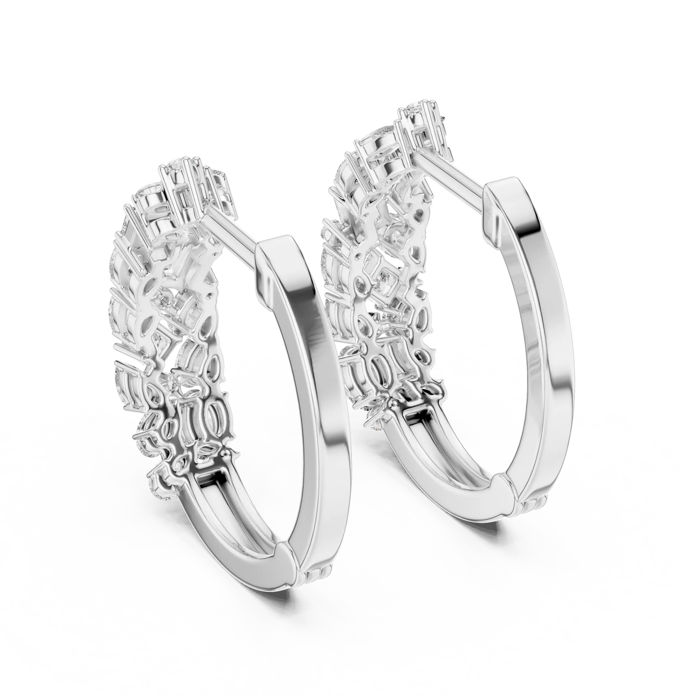 Pair-Shot: Round Diamond Hoop Earrings with Pave Setting in 14k White Gold - Lab Grown - Driona Jewels