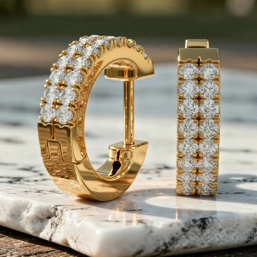 Pair-shot: Round Diamond Hoop Earrings with Pave Setting in 14k Yellow Gold - Lab Grown - Driona Jewels