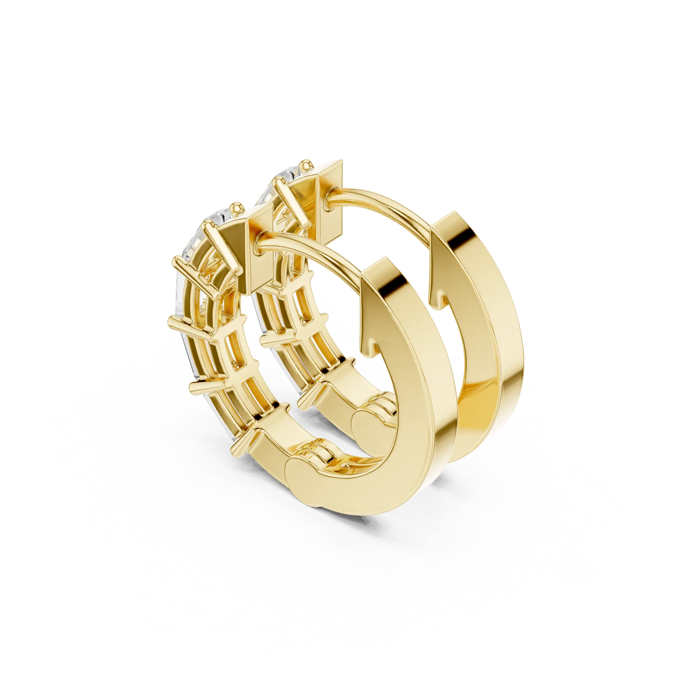 Three-quarter-view: Round Diamond Hoop Earrings with Pave Setting in 14k Yellow Gold - Lab Grown - Driona Jewels