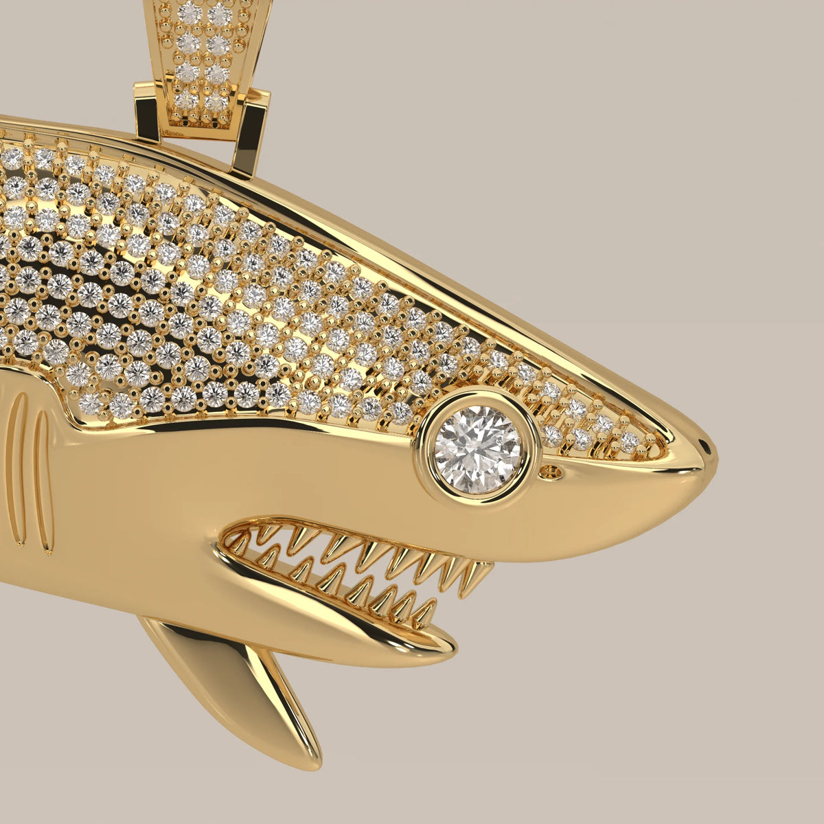 Iced Out Pave Lab Grown Diamond Shark Pendant with Bezel Eye in yellow gold, product photograph on a plain background.