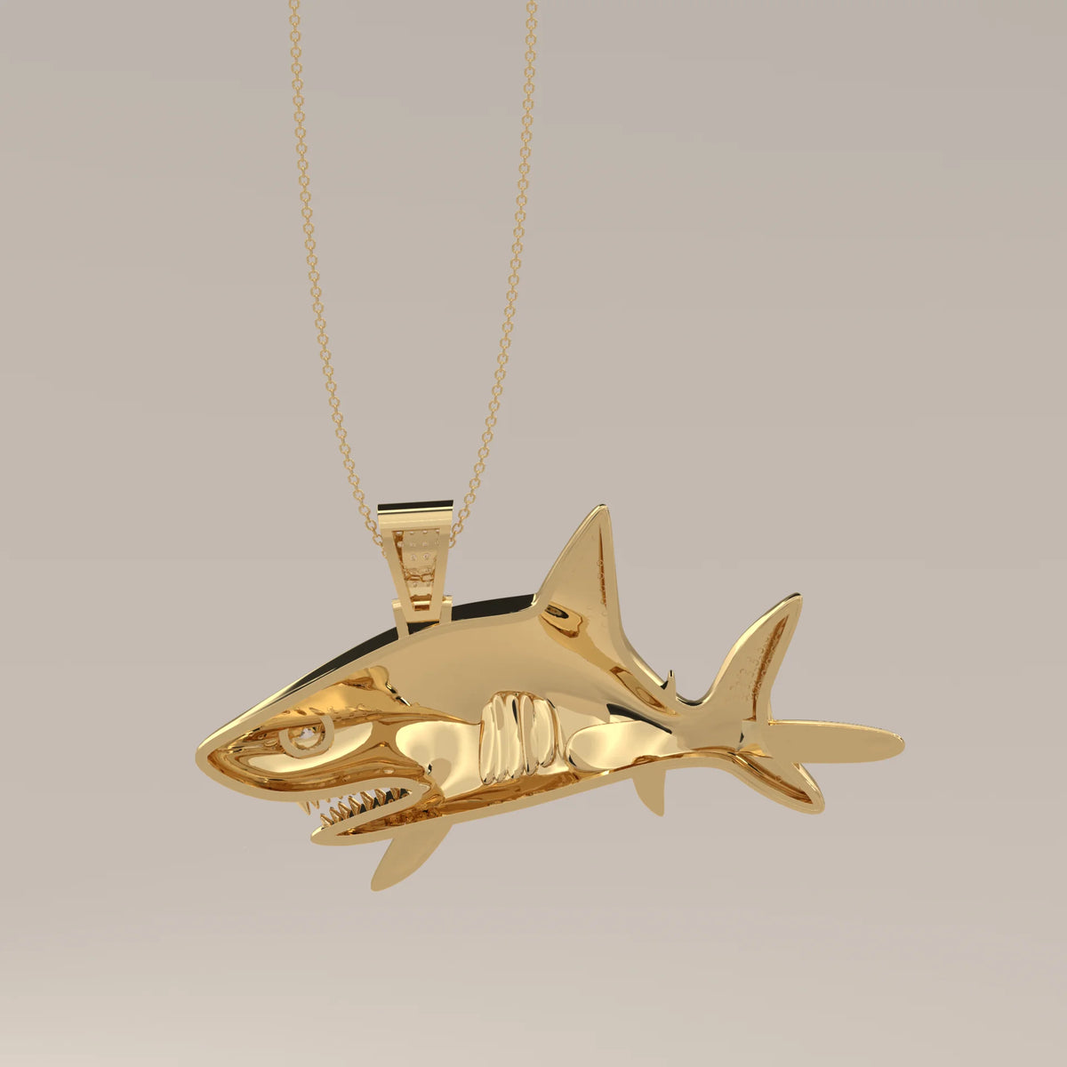 Iced Out Pave Lab Grown Diamond Shark Pendant with Bezel Eye in yellow gold, photographed at a three-quarter angle.