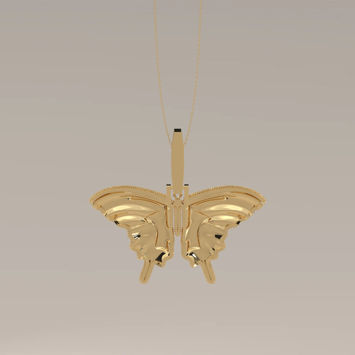 Iced Out Pave Lab Grown Diamond Swallowtail Butterfly Pendant in yellow gold, photographed head-on.