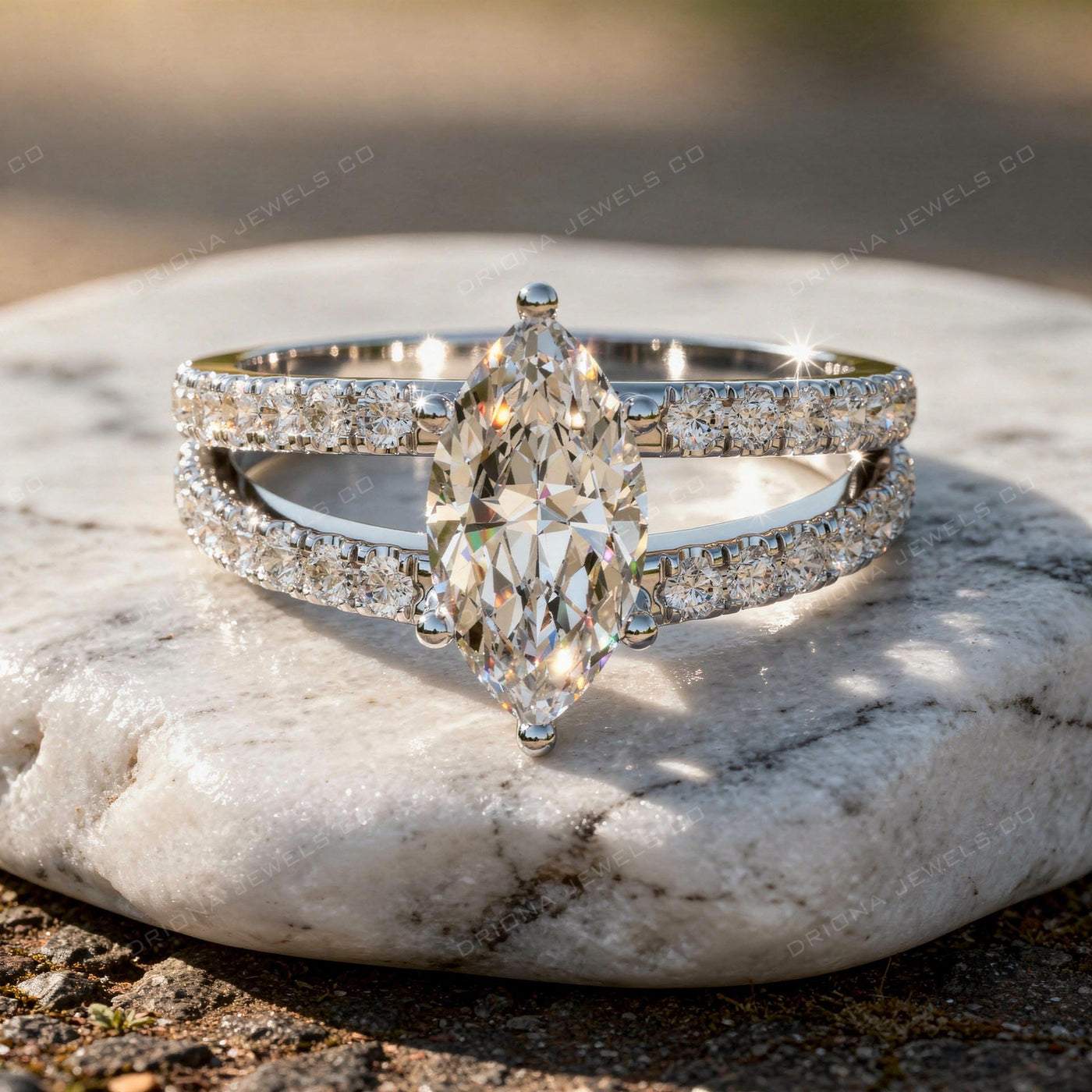 Marquise Engagement Ring with Double Pavé Band