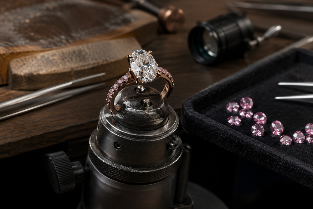 jeweler's workbench with oval diamond ring in progress, custom design concept