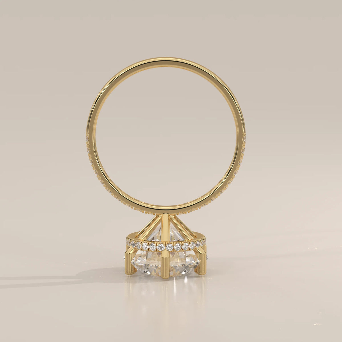 Jlina 5 Carat Round Lab Grown Diamond Ring, Six Claw Hidden Halo in yellow gold, side profile view.