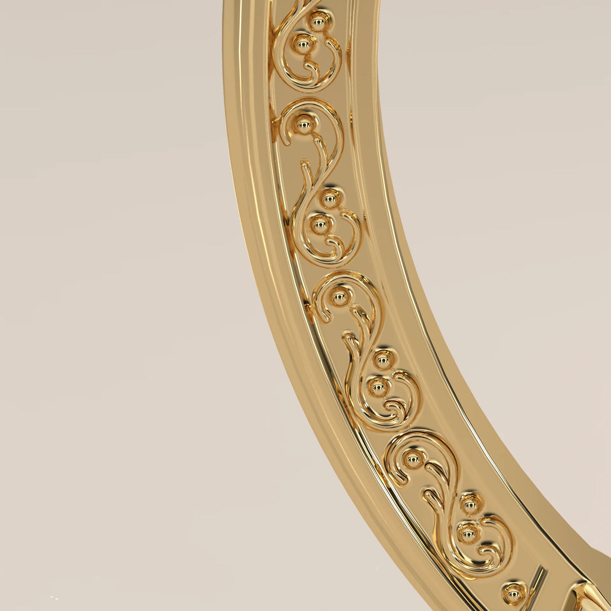 Karly 5 Carat Oval Lab Grown Diamond Three Stone Ring, Engraved Band in yellow gold, front view on a plain background.