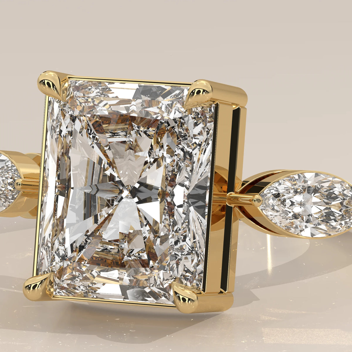 Krace 5 Carat Radiant Lab Grown Diamond Ring, Marquise Three Stone in yellow gold, shown on a plain background.