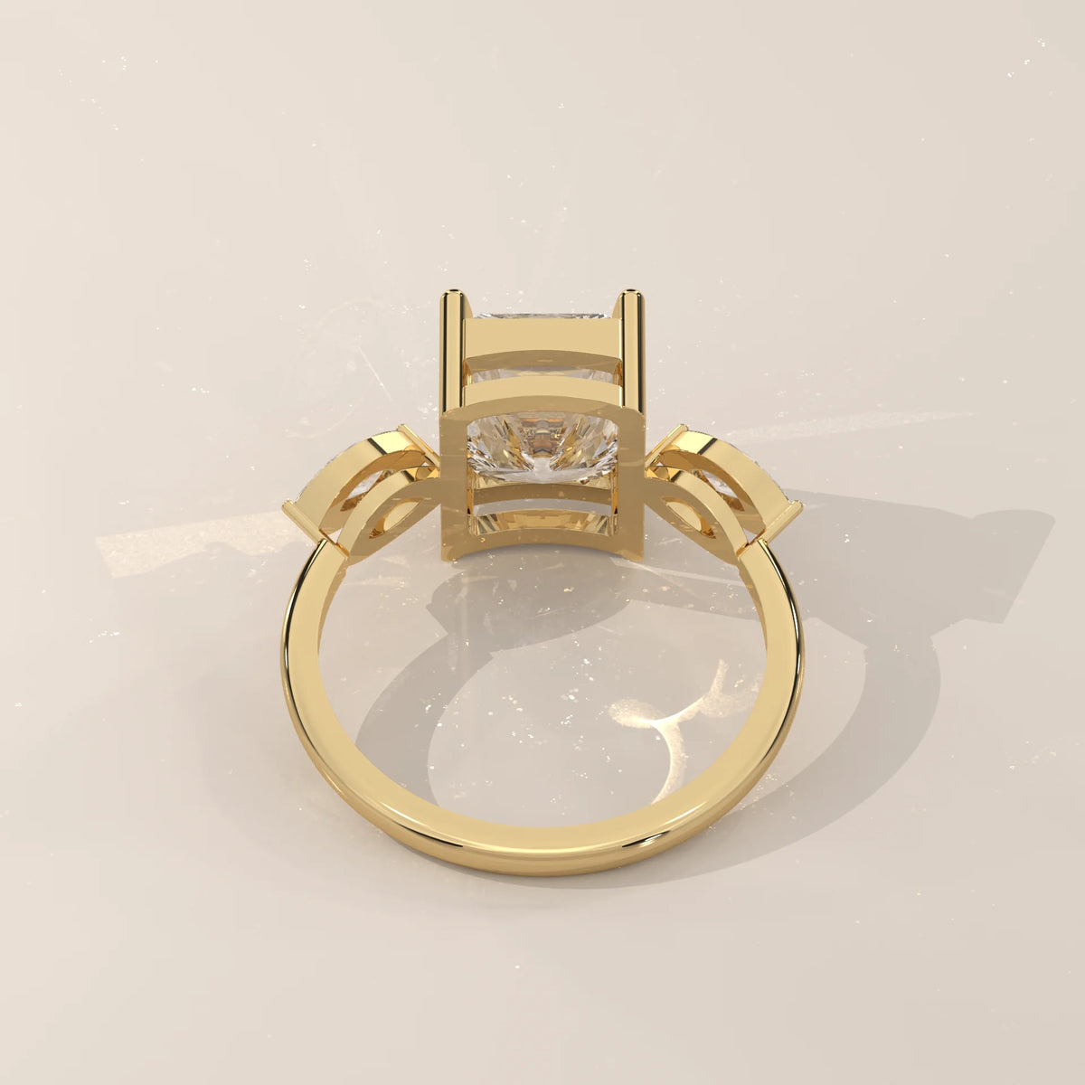 Krace 5 Carat Radiant Lab Grown Diamond Ring, Marquise Three Stone in yellow gold, side profile view.