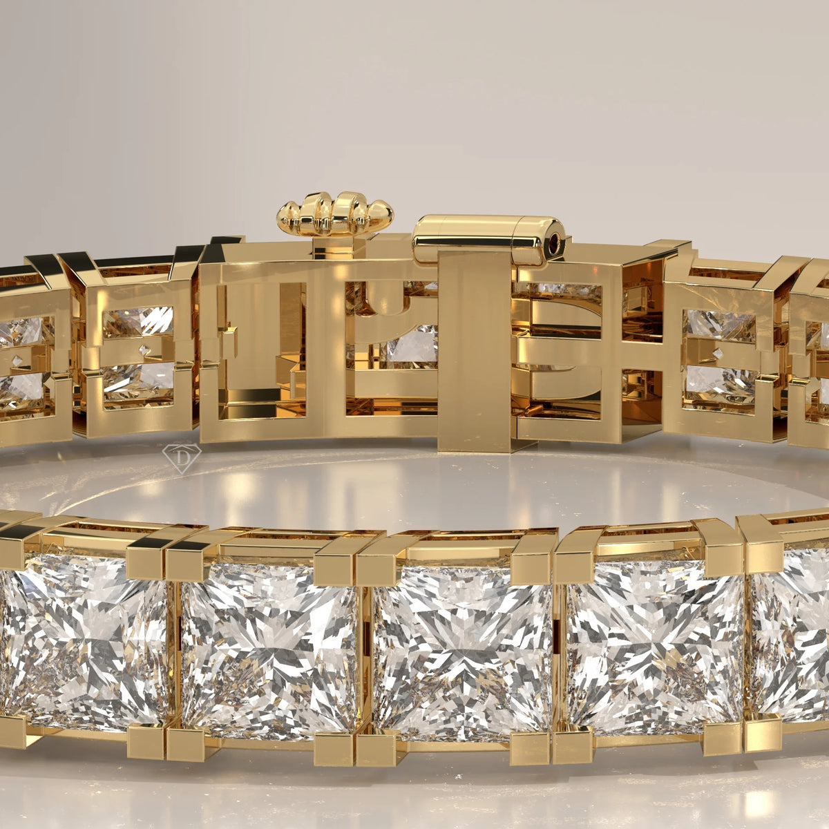Large Princess Lab Grown Diamond Tennis Bracelet, Bar Setting in yellow gold, product photograph on a plain background.