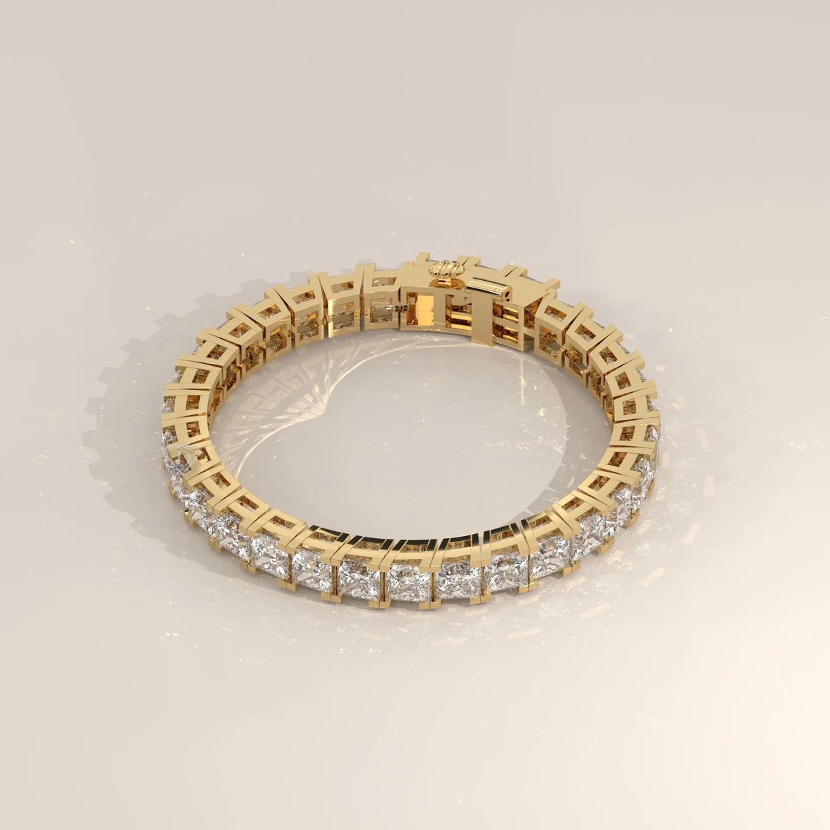 Large Princess Lab Grown Diamond Tennis Bracelet, Bar Setting in yellow gold, photographed at a three-quarter angle.