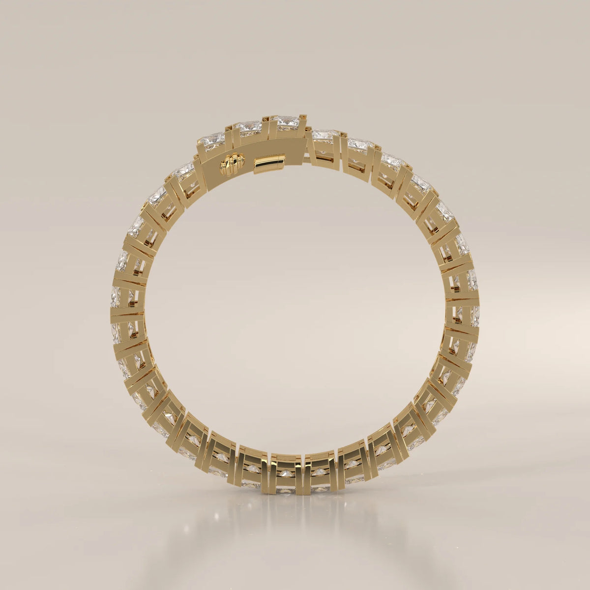 Large Princess Lab Grown Diamond Tennis Bracelet, Bar Setting in yellow gold, shown from the side.