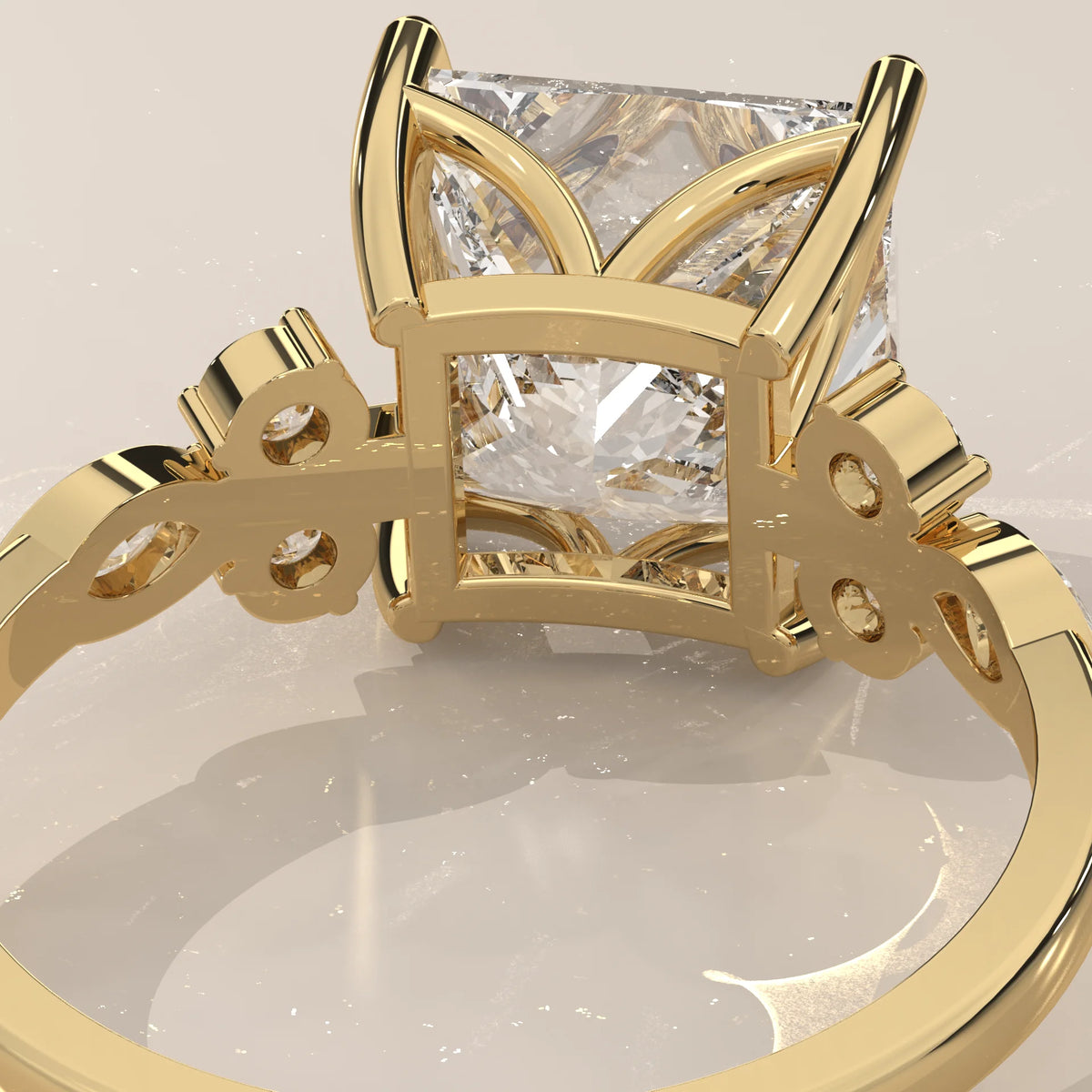 Layrana 5 Carat Princess Lab Grown Diamond Ring, Diamond Clusters in yellow gold, shown at an angle.