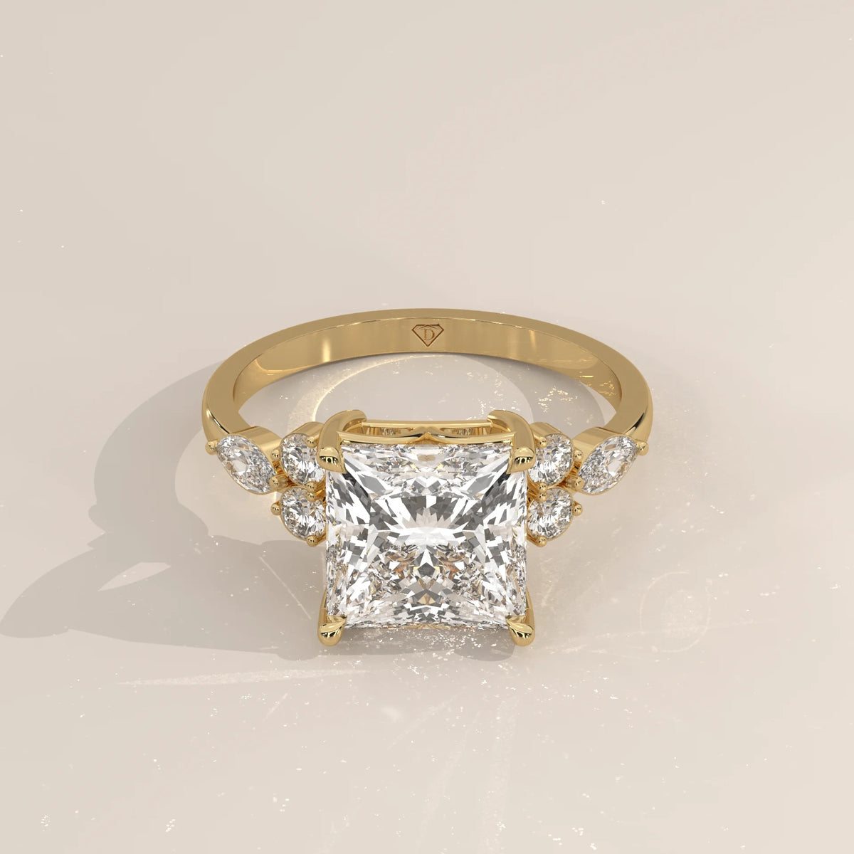 Layrana 5 Carat Princess Lab Grown Diamond Ring, Diamond Clusters in yellow gold, shown from the front.