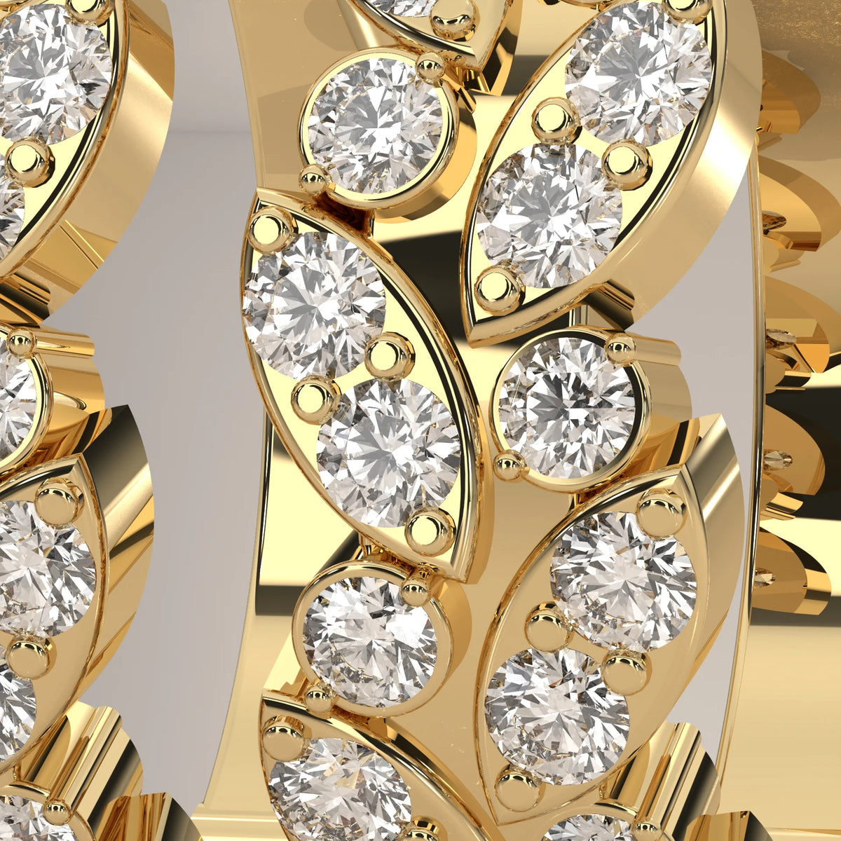 Leaf Vine Round Lab Grown Diamond Hinged Hoop Earrings in yellow gold, product photograph on a plain background.