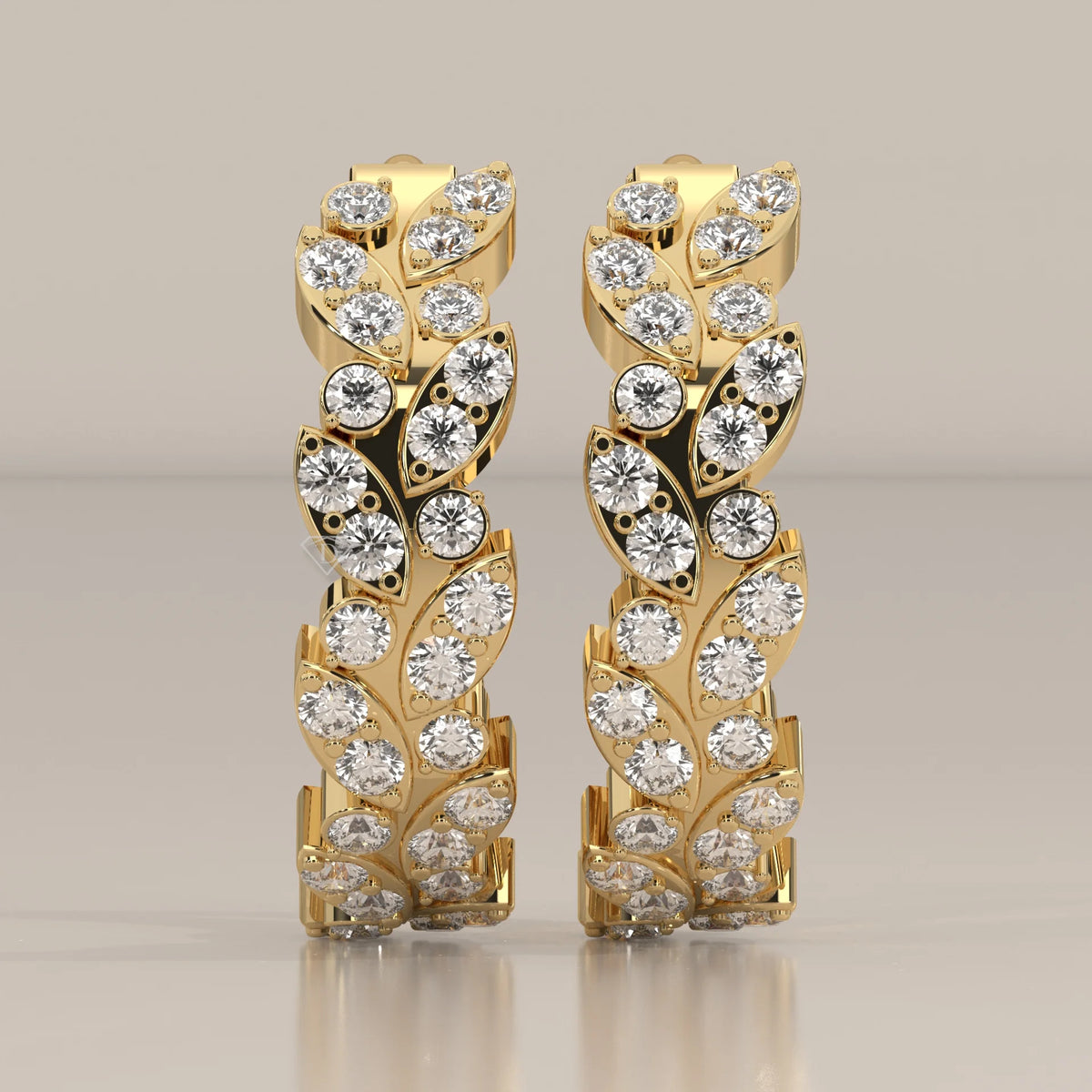 Leaf Vine Round Lab Grown Diamond Hinged Hoop Earrings in yellow gold, shown from the front.
