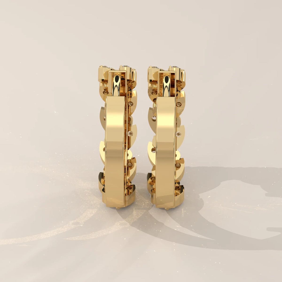 Leaf Vine Round Lab Grown Diamond Hinged Hoop Earrings in yellow gold, side profile view.