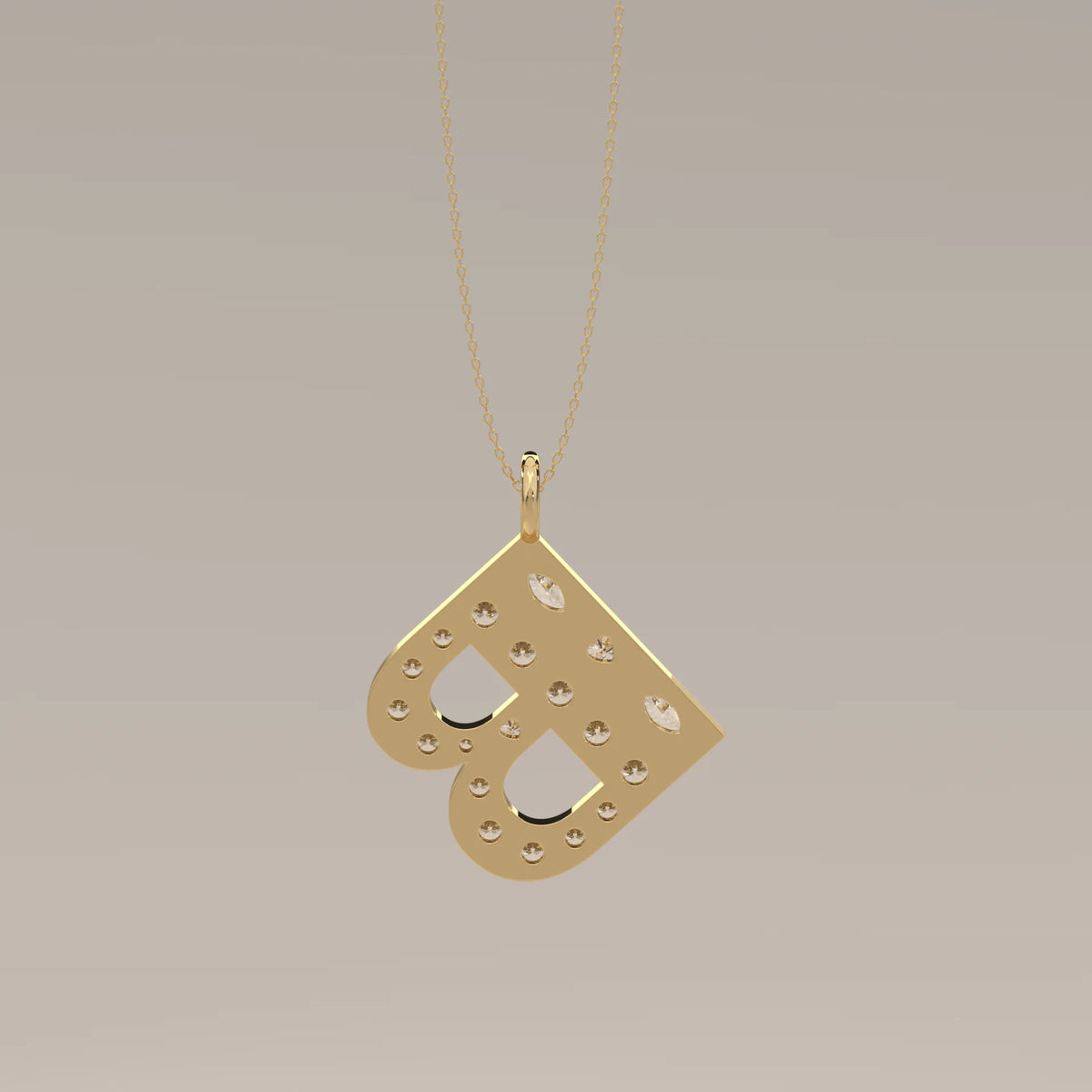 Letter B Initial Pendant with Mixed Cut Lab Grown Diamonds in yellow gold, photographed head-on.