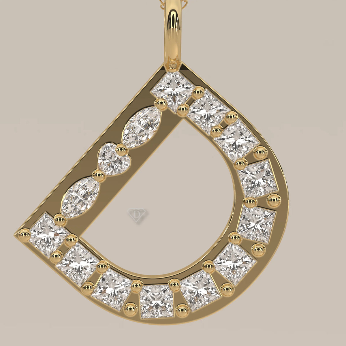 Letter D Initial Pendant with Princess Cut Lab Grown Diamonds in yellow gold, front view on a plain background.
