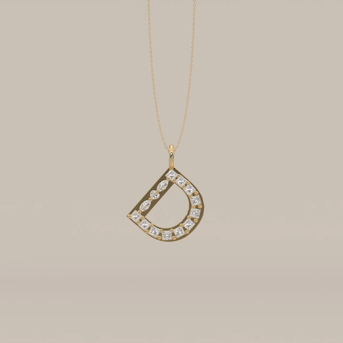 Letter D Initial Pendant with Princess Cut Lab Grown Diamonds in yellow gold, shown from the front.