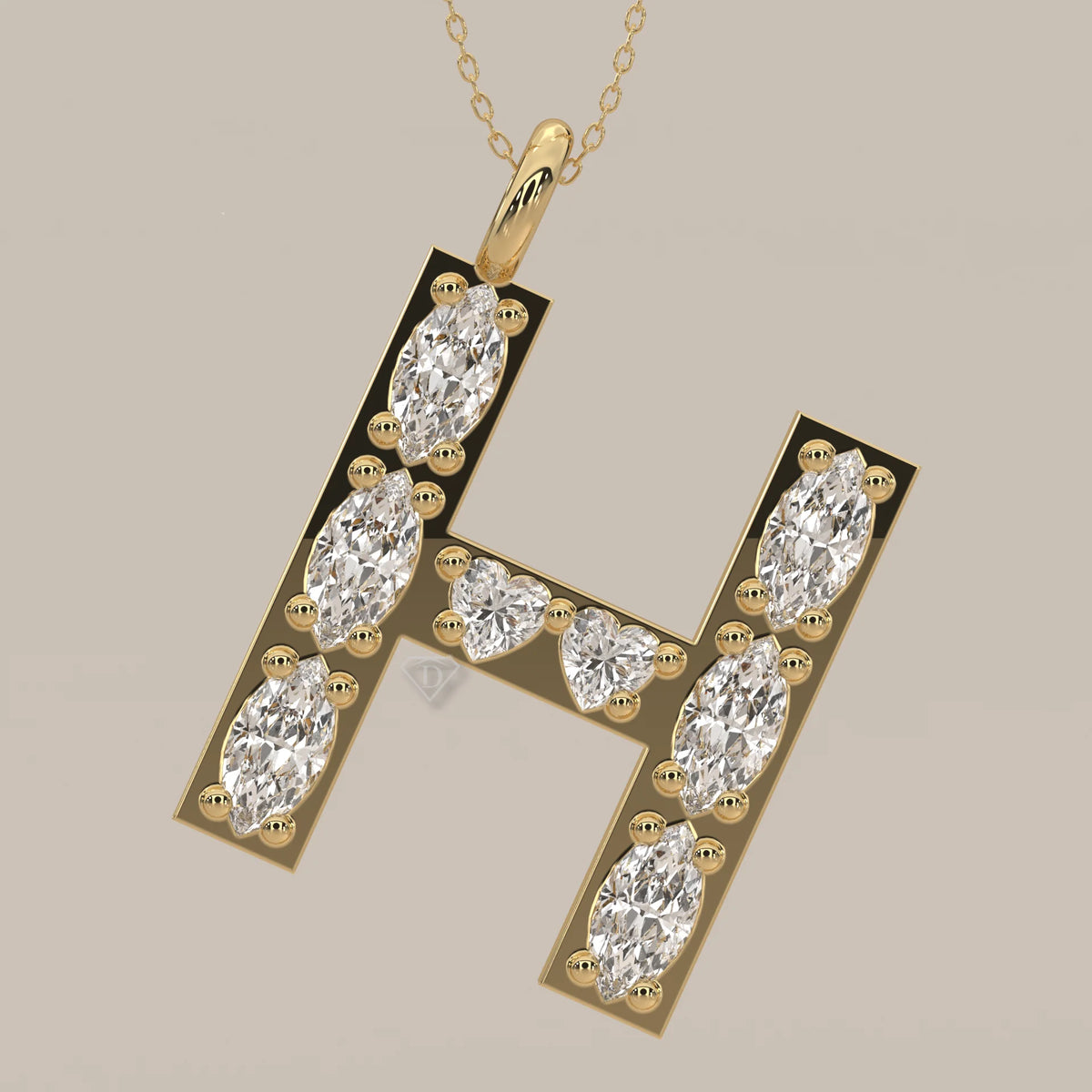 Letter H Initial Pendant with Marquise Lab Grown Diamonds in yellow gold, photographed at a three-quarter angle.