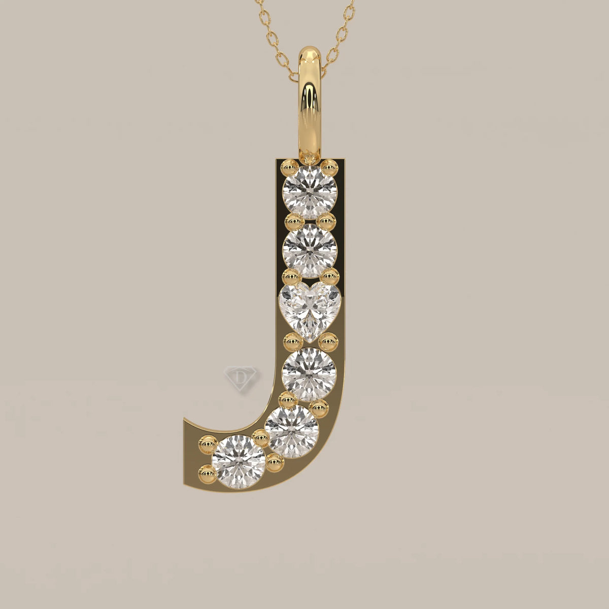 Letter J Initial Pendant with Round Lab Grown Diamonds in yellow gold, front view on a plain background.