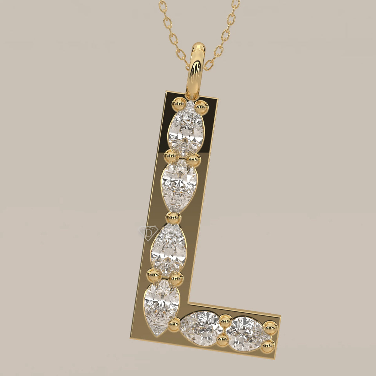 Letter L Initial Pendant with Pear Shaped Lab Grown Diamonds in yellow gold, photographed head-on.