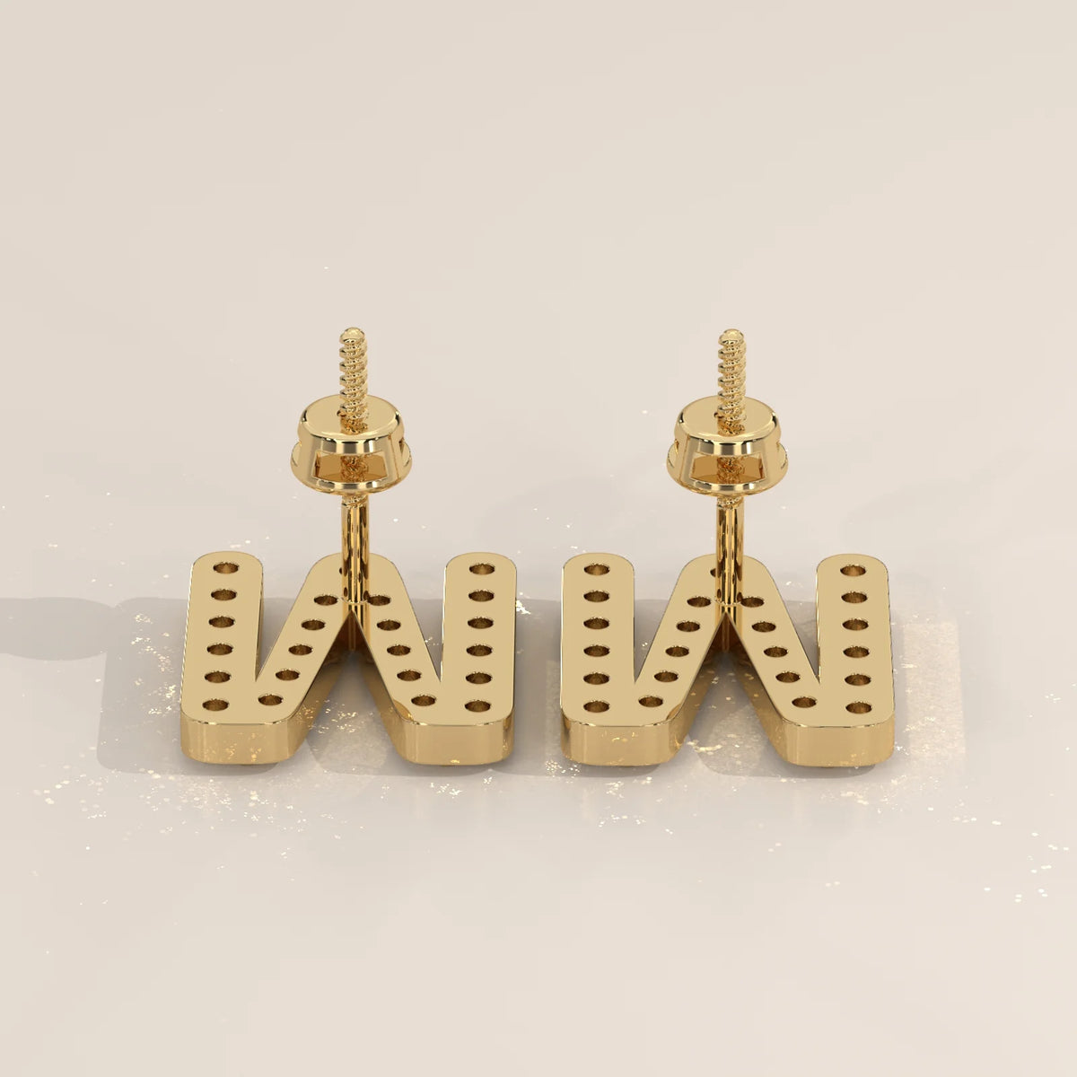 Letter M Initial Pave Lab Grown Diamond Stud Earrings in yellow gold, product photograph on a plain background.