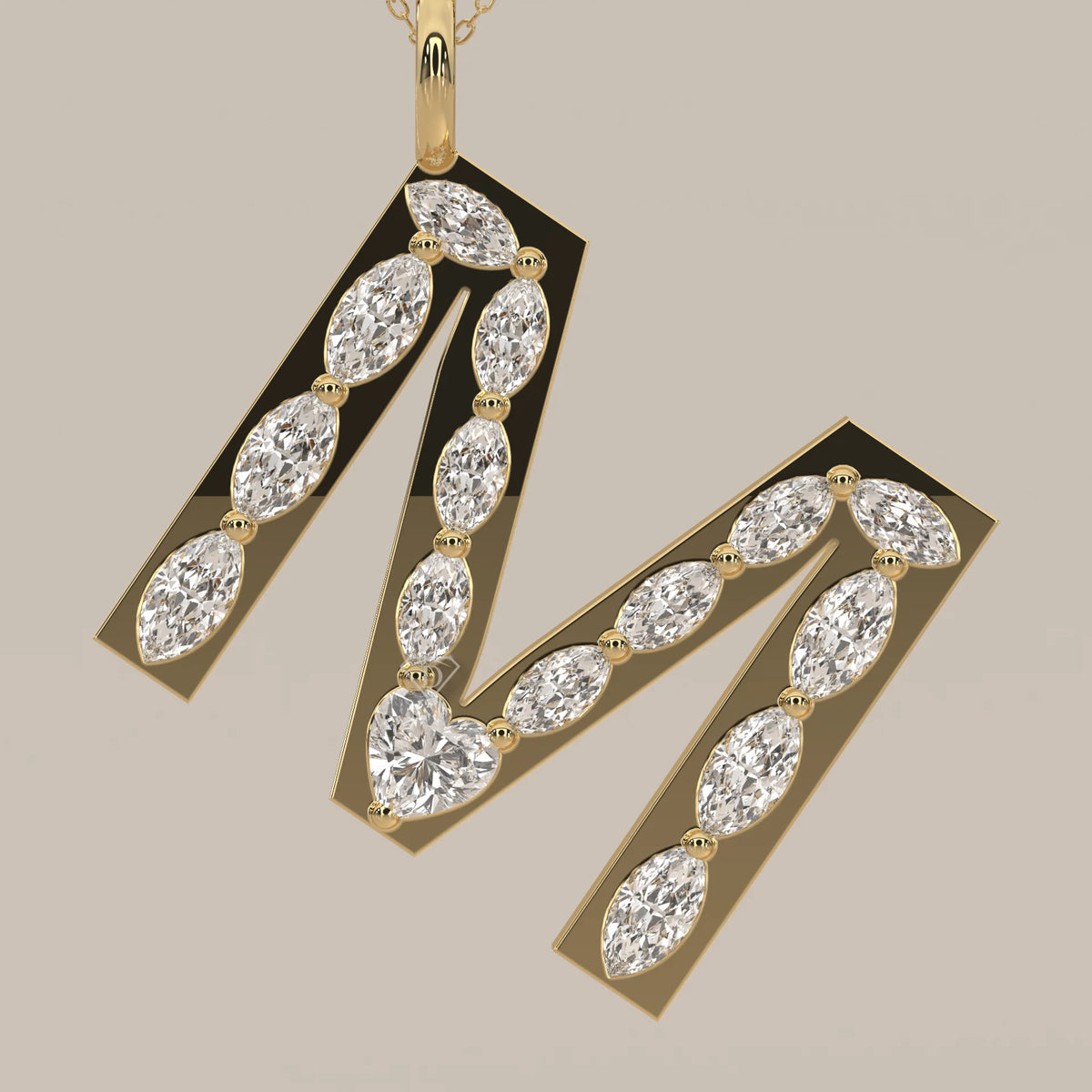 Letter M Initial Pendant with Marquise Lab Grown Diamonds in yellow gold, photographed head-on.