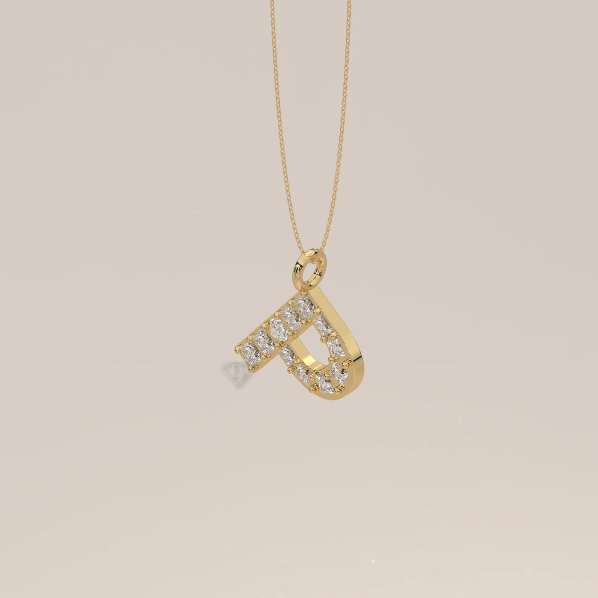 Letter P Initial Pendant with Princess Cut Lab Grown Diamonds in yellow gold, shown at an angle.