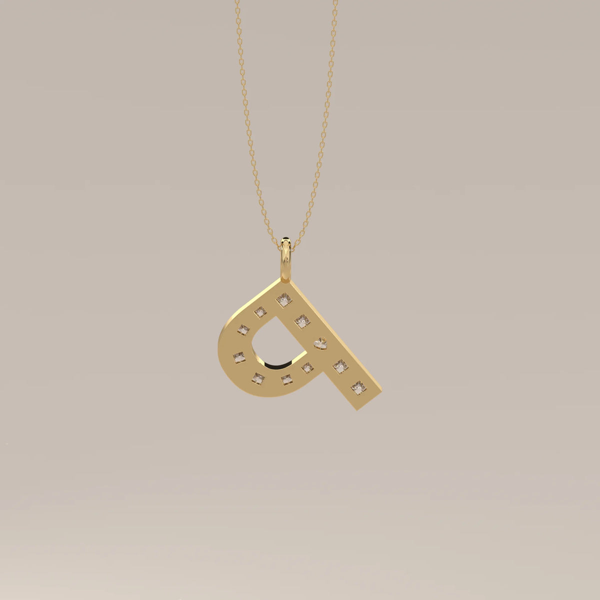 Letter P Initial Pendant with Princess Cut Lab Grown Diamonds in yellow gold, photographed head-on.