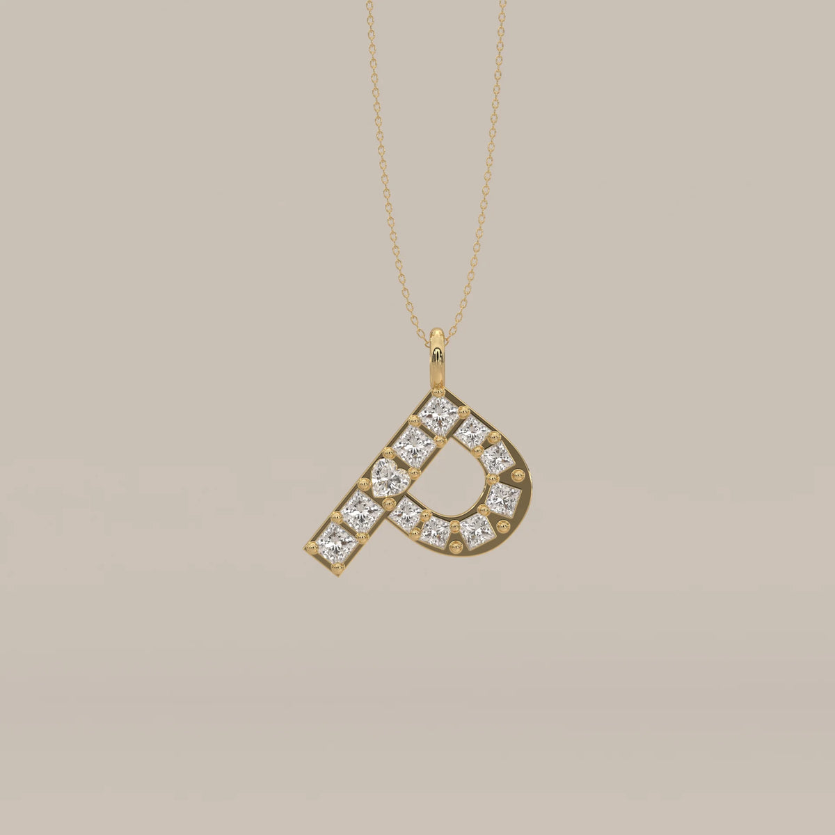 Letter P Initial Pendant with Princess Cut Lab Grown Diamonds in yellow gold, shown from the front.