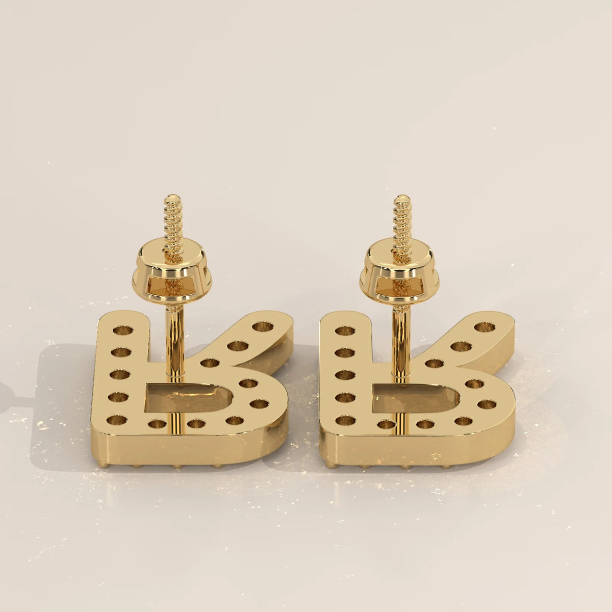 Letter R Initial Pave Lab Grown Diamond Stud Earrings in yellow gold, product photograph on a plain background.