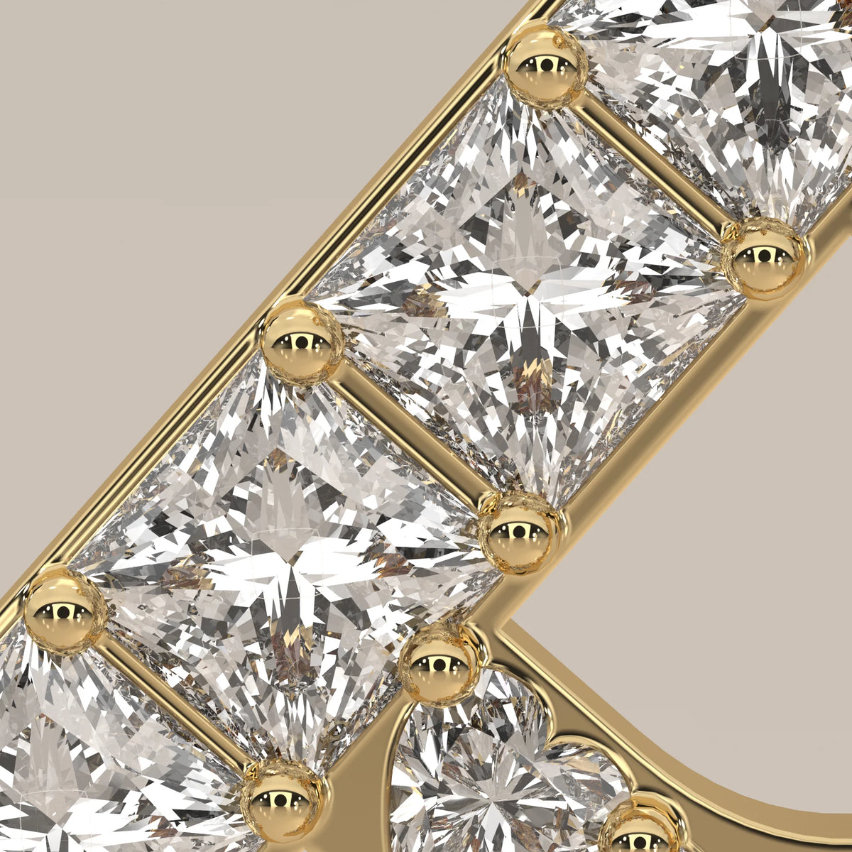 Letter R Initial Pendant with Princess Cut Lab Grown Diamonds in yellow gold, shown on a plain background.