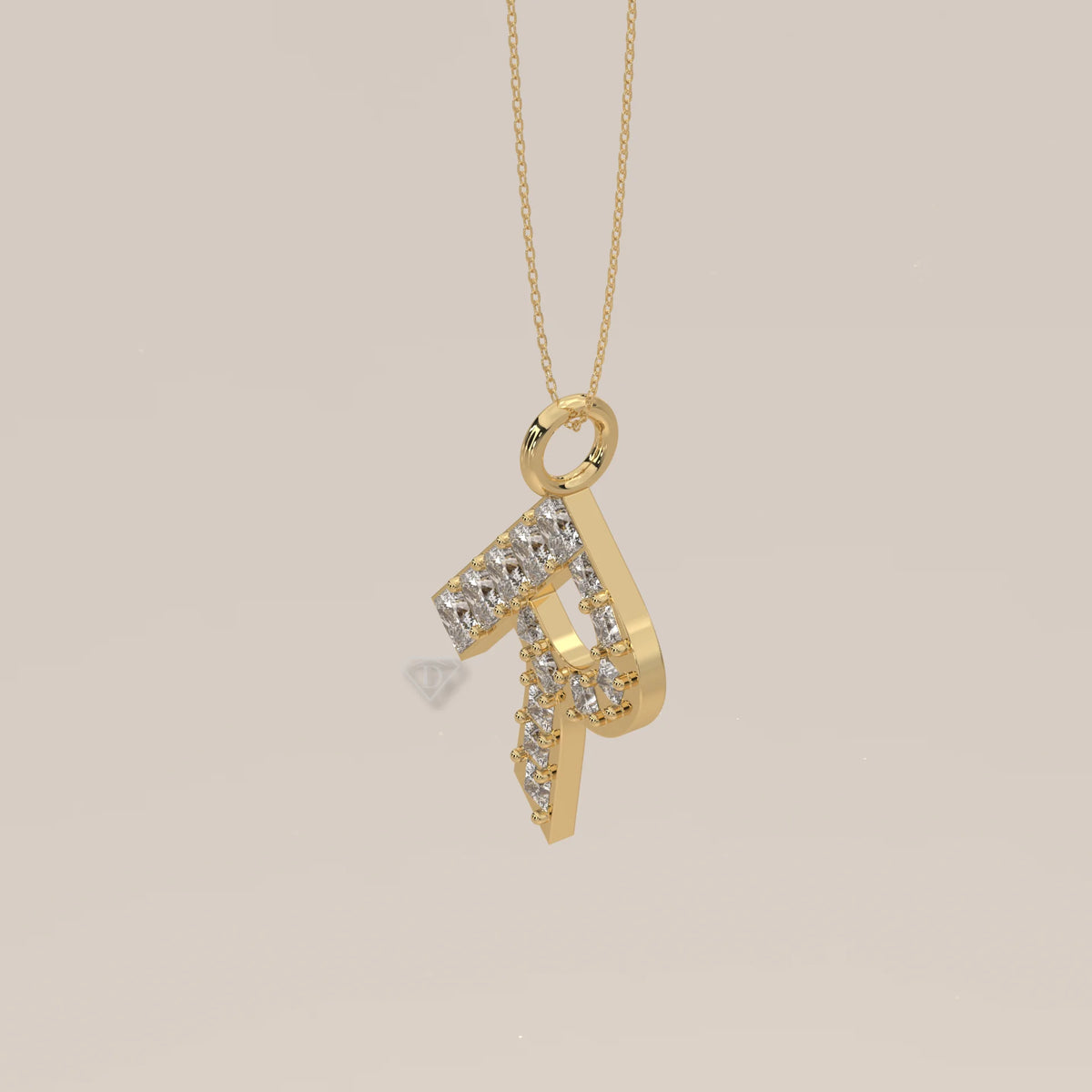Letter R Initial Pendant with Princess Cut Lab Grown Diamonds in yellow gold, shown at an angle.