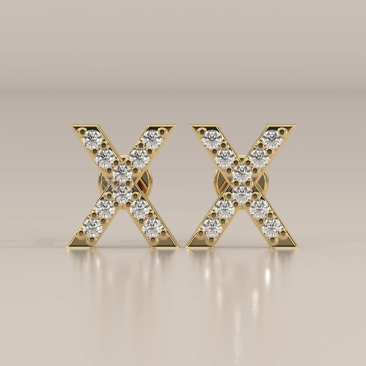 Letter X Initial Pave Lab Grown Diamond Stud Earrings in yellow gold, shown from the front.