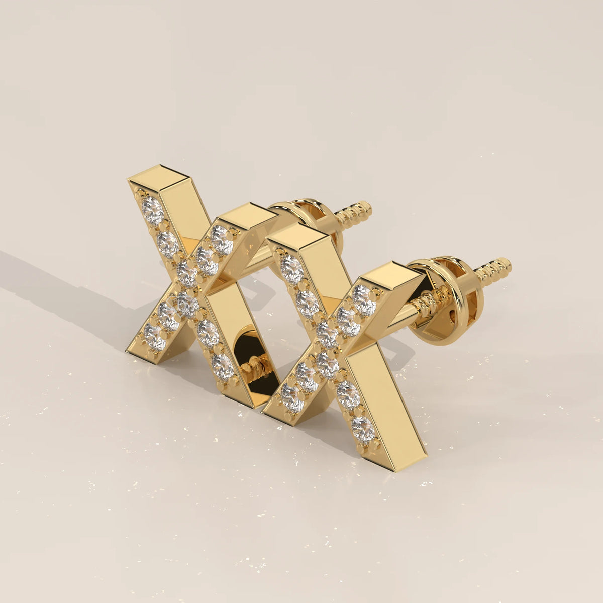 Letter X Initial Pave Lab Grown Diamond Stud Earrings in yellow gold, shown from the side.