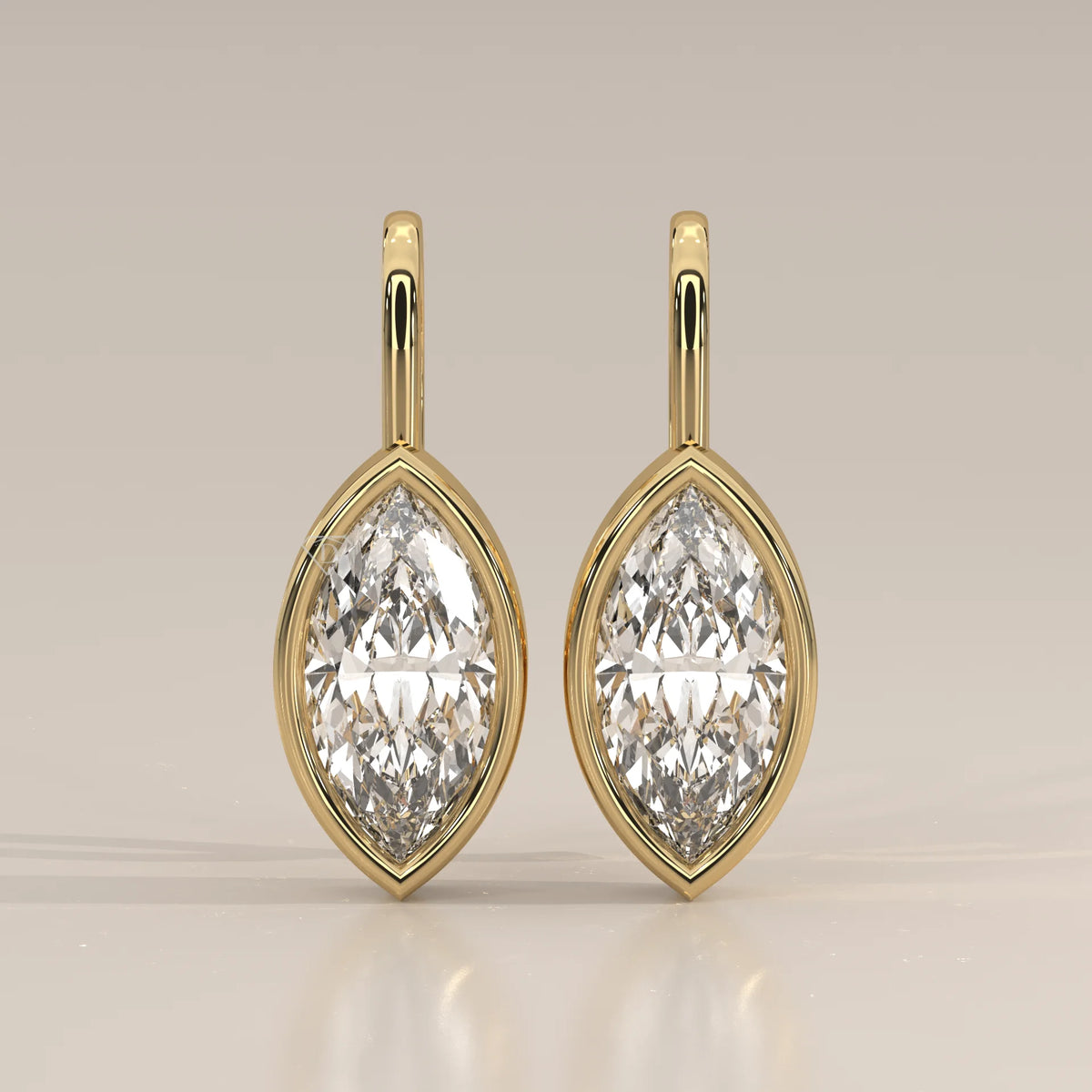 Marquise Bezel Lab Grown Diamond Drop Earrings on a Gold Hook in yellow gold, shown from the front.
