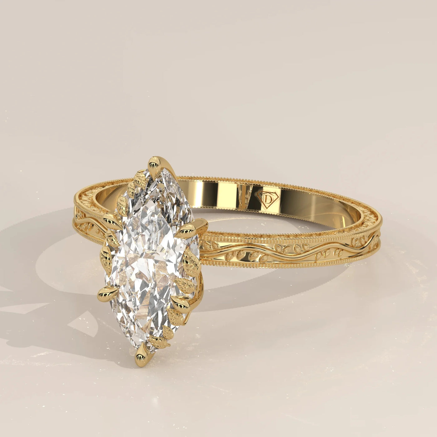 Angle View: Marquise Diamond Ring with Prong Setting in Yellow Gold – Lab Grown – Driona Jewels