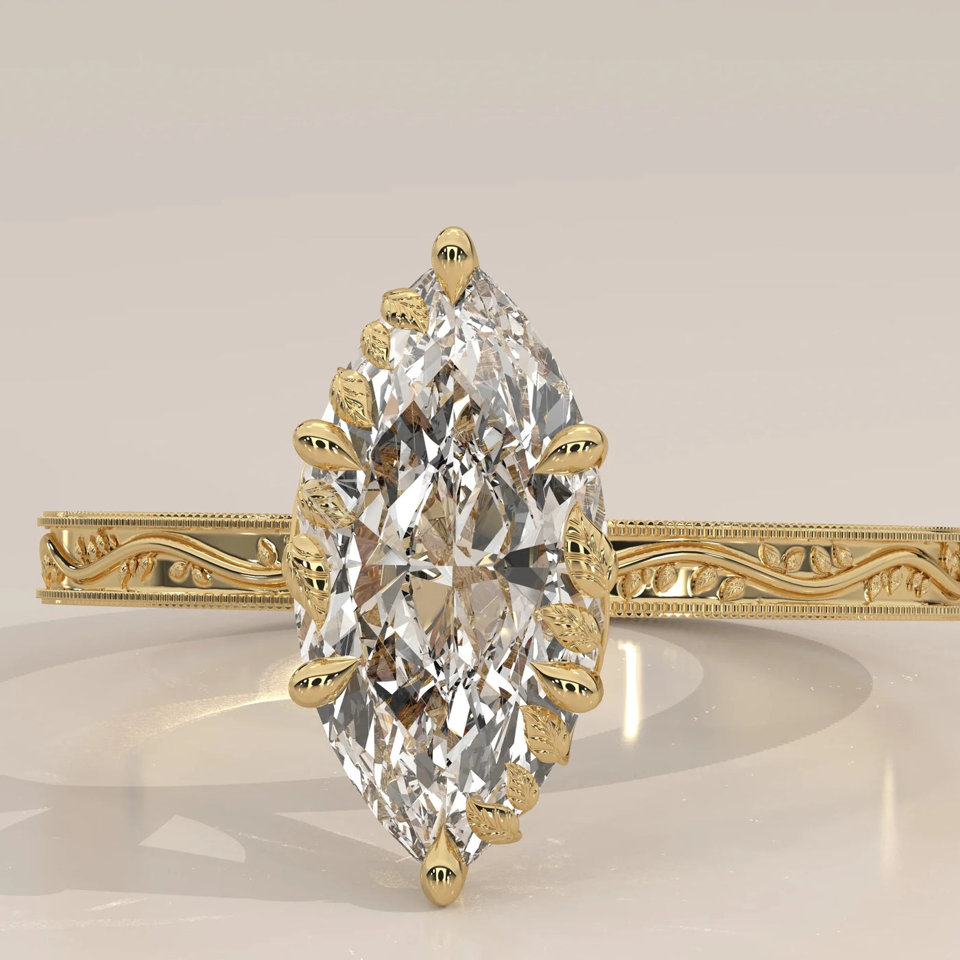 Front View: Marquise Diamond Ring with Prong Setting in Yellow Gold – Lab Grown – Driona Jewels