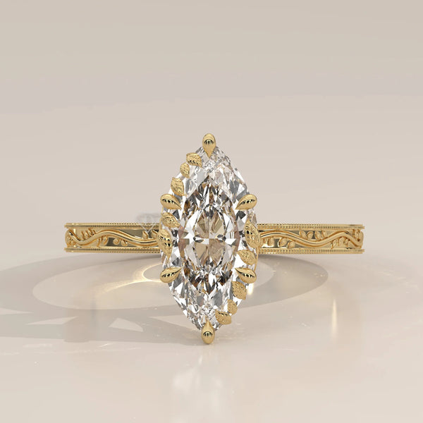 Front View: Marquise Diamond Ring with Prong Setting in Yellow Gold – Lab Grown – Driona Jewels