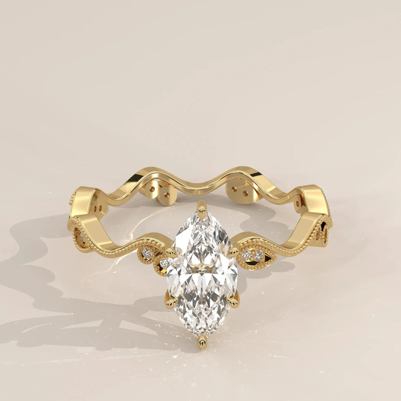 Front View: Marquise Diamond Ring with Milgrain Setting in Yellow Gold – Lab Grown – Driona Jewels