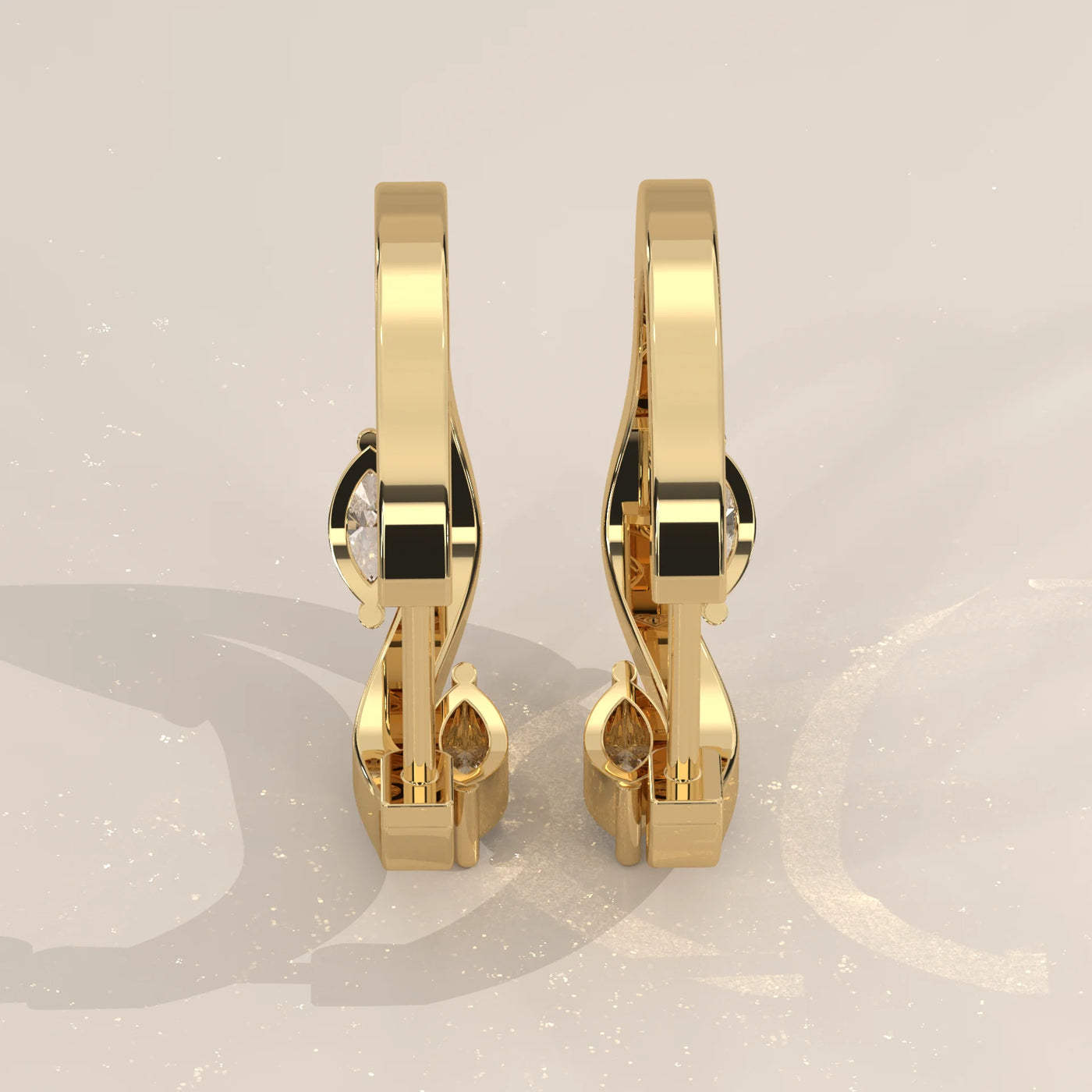 Side Profile: Marquise Diamond Huggie Hoop Earrings with Prong Setting in Yellow Gold – Lab Grown – Driona Jewels